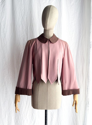Front view of a dusty pink and brown vintage 1940s George's of Hollywood custom-made jacket