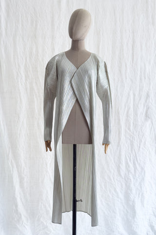 Limited Edition Micro-pleated Metallic Silver Long Cardigan Jacket