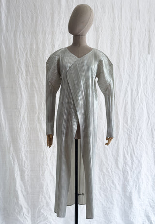 Limited Edition Micro-pleated Metallic Silver Long Cardigan Jacket