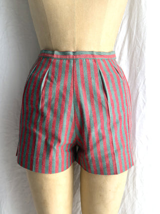 Full front view of mid-century French striped cotton shorts showing the cut and silhouette.