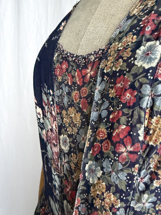A close-up of a floral printed  print on a 1970s floral dress