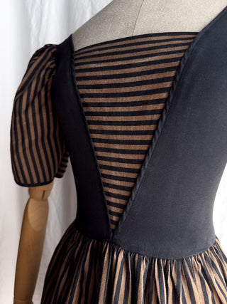 Close-up detail of a 1970s French striped cotton dress showcasing the woven fabric texture, puff sleeve stitching, and neckline.