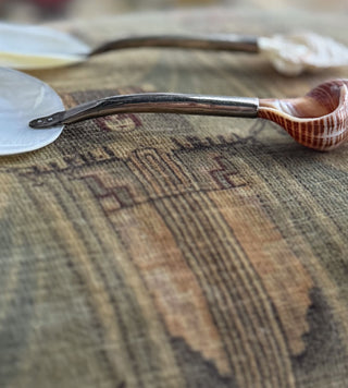 A close-up of a decorative spoon with a silver metallic handle